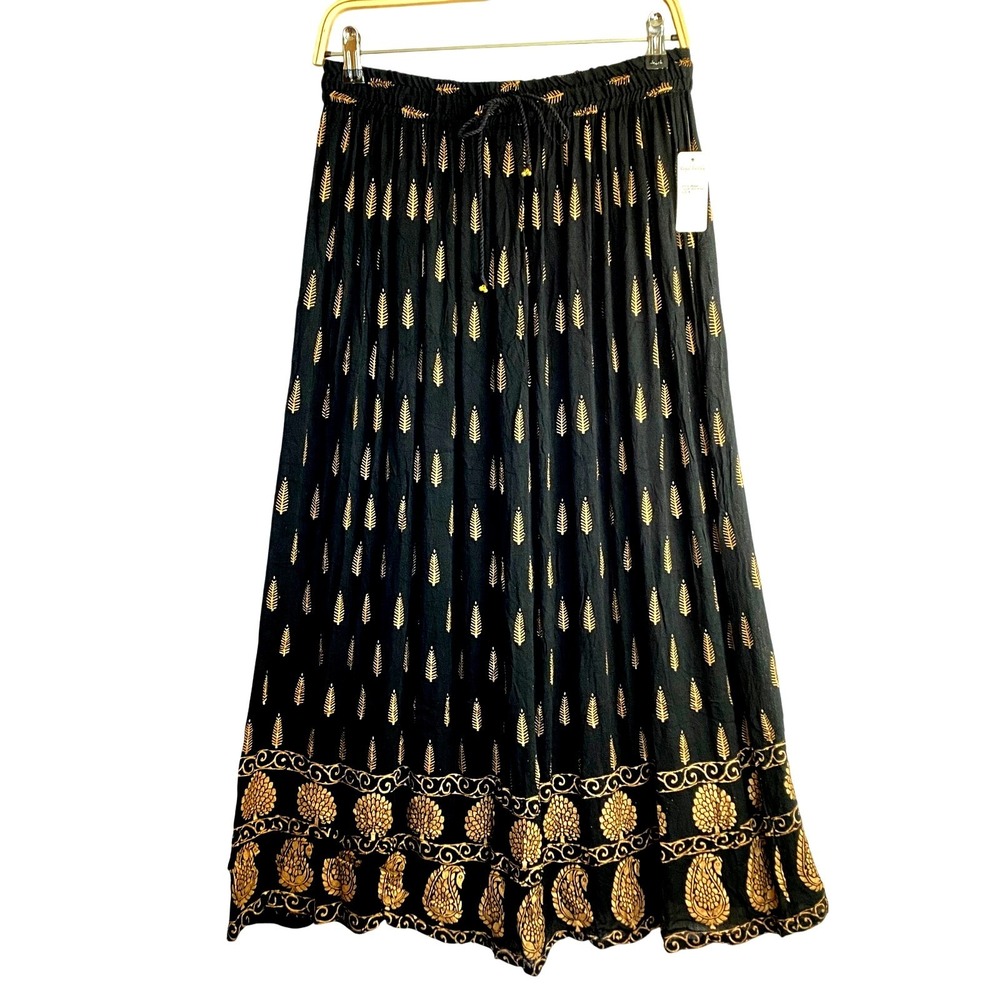 Boho Whimsigoth Paisley Cotton Maxi Skirt Size M Black Gold Gypsy Festival NWT
